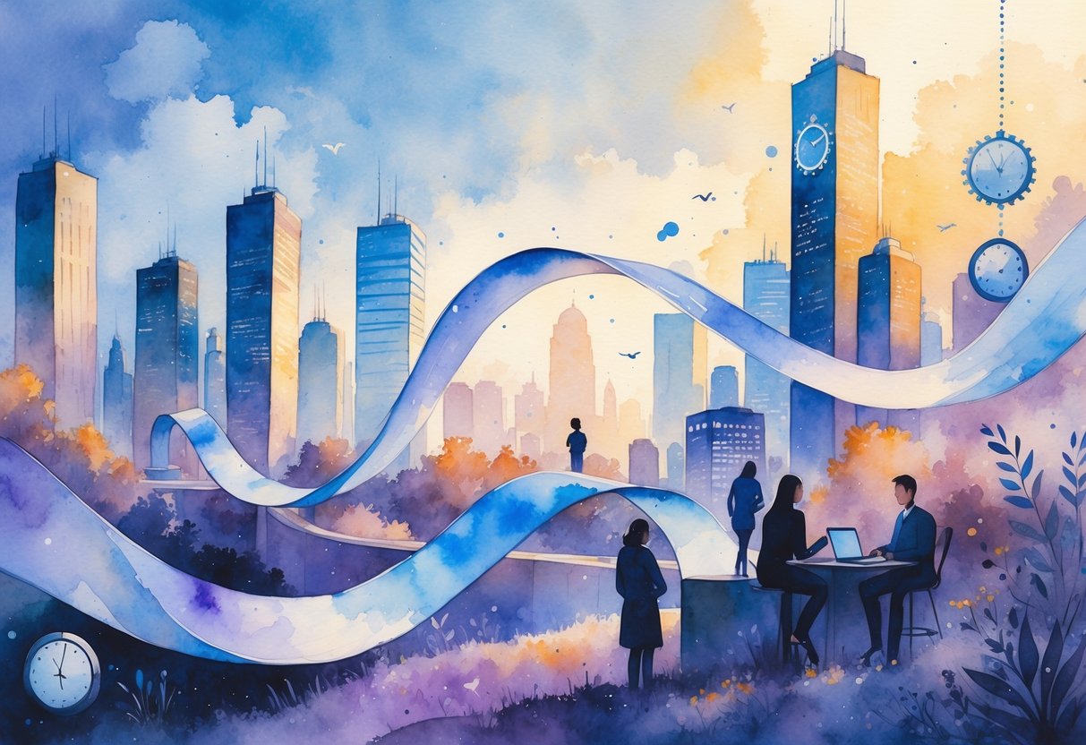 Prikaz trake vremena koja vijuga kroz moderni gradski krajolik s ljudima koji koriste tehnologiju i elementima koji simboliziraju protok vremena.