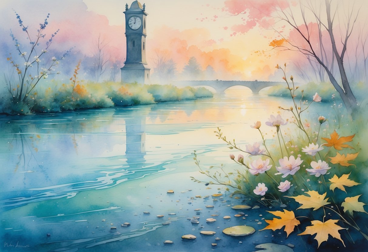 Mirna rijeka koja teče uz obalu s cvijećem i opalim lišćem, u pozadini se nazire stara satna kula u maglovitom jutarnjem nebu.