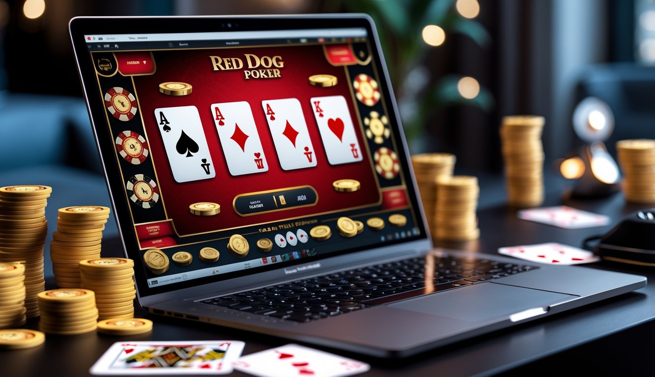 Meja poker online dengan laptop, tumpukan chip poker, dan kartu bermain di ruang kerja yang nyaman.