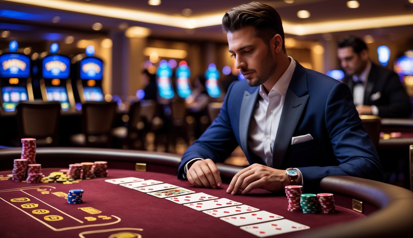 Seorang pemain di meja kasino dengan kartu dan chip, sedang fokus bermain Red Dog.