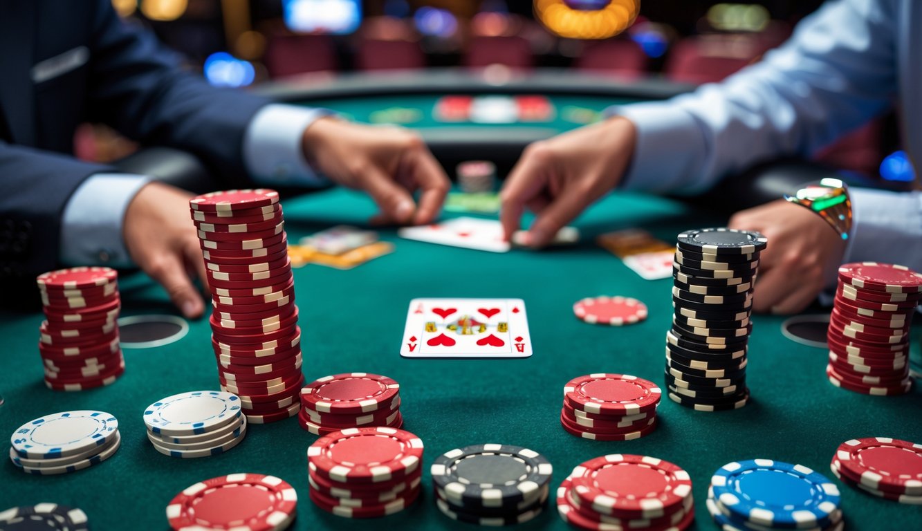 Meja poker dengan tumpukan chip berwarna merah dan kartu yang sedang dibagikan oleh dealer.