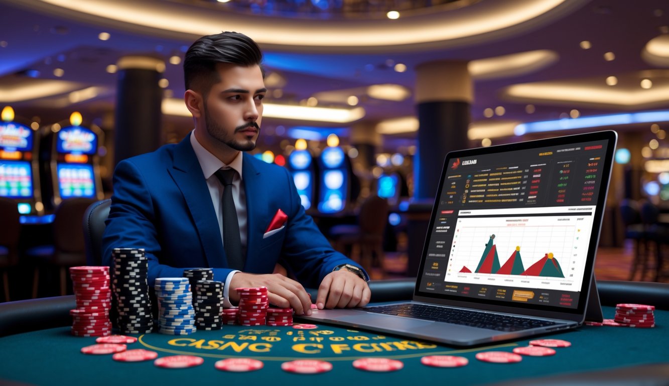 Seorang pria berpakaian rapi duduk di meja kasino dengan tumpukan chip merah dan hitam, menganalisis strategi taruhan di lingkungan kasino modern.