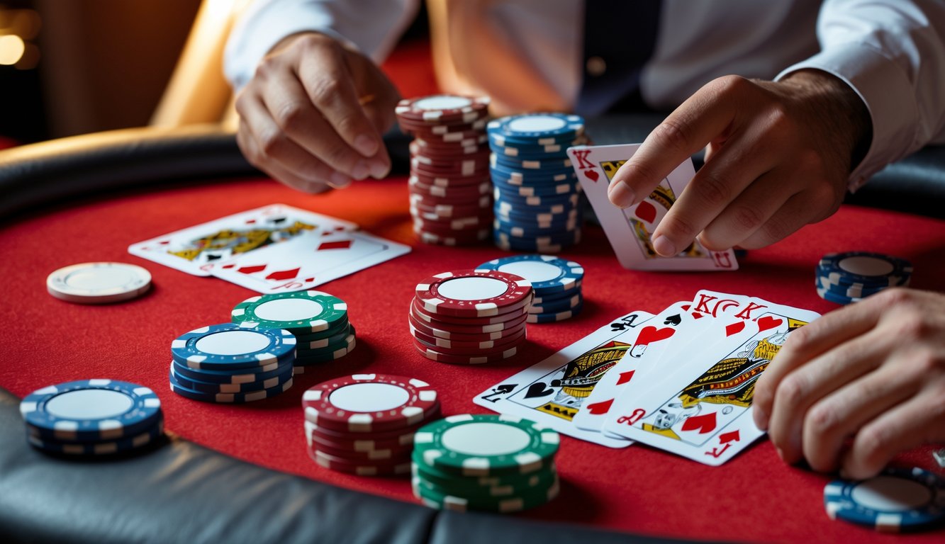 Meja kasino dengan kartu dan chip poker yang sedang dibagikan untuk permainan Red Dog Poker.