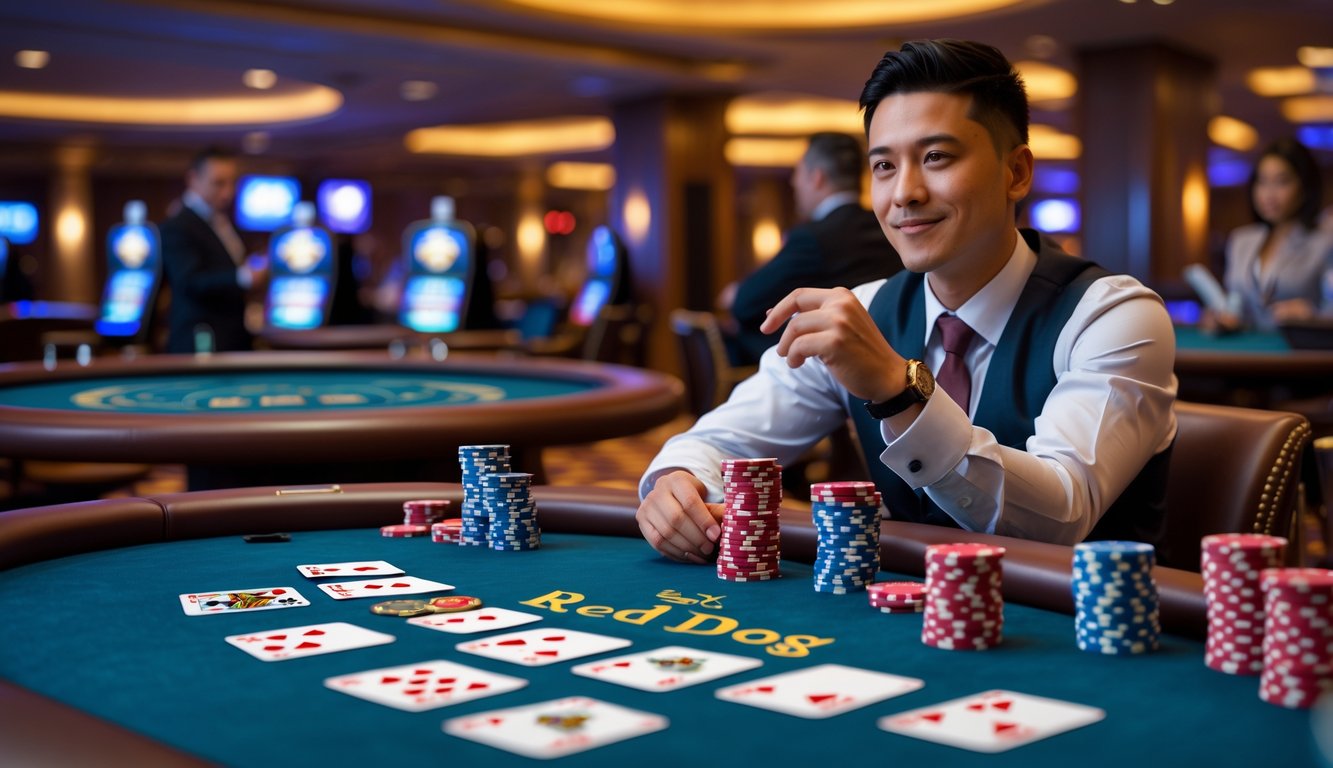 Seorang pemain sedang duduk di meja kasino dengan kartu dan chip, fokus pada permainan Red Dog.