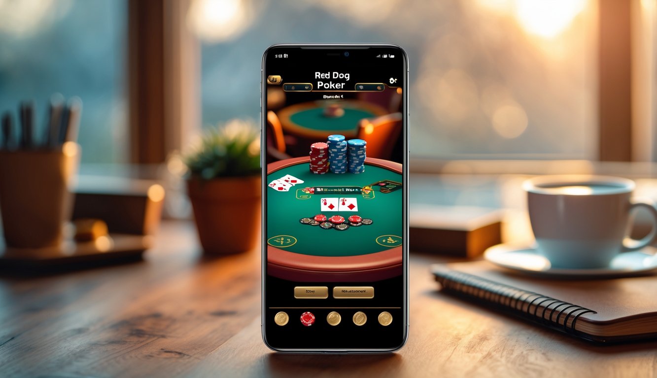 Sebuah ponsel modern menampilkan permainan poker Red Dog dengan kartu dan chip di atas meja kayu.