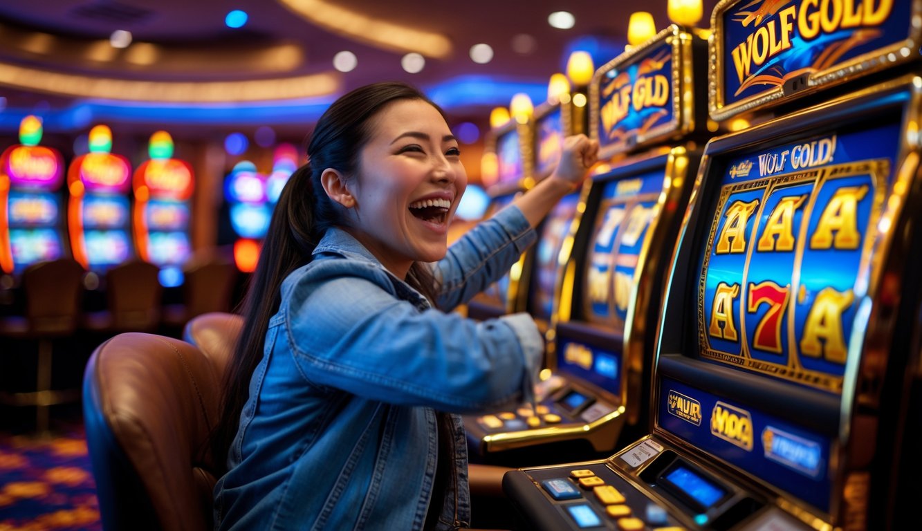 Seorang pemain sedang merayakan kemenangan besar pada mesin slot Wolf Gold di kasino.