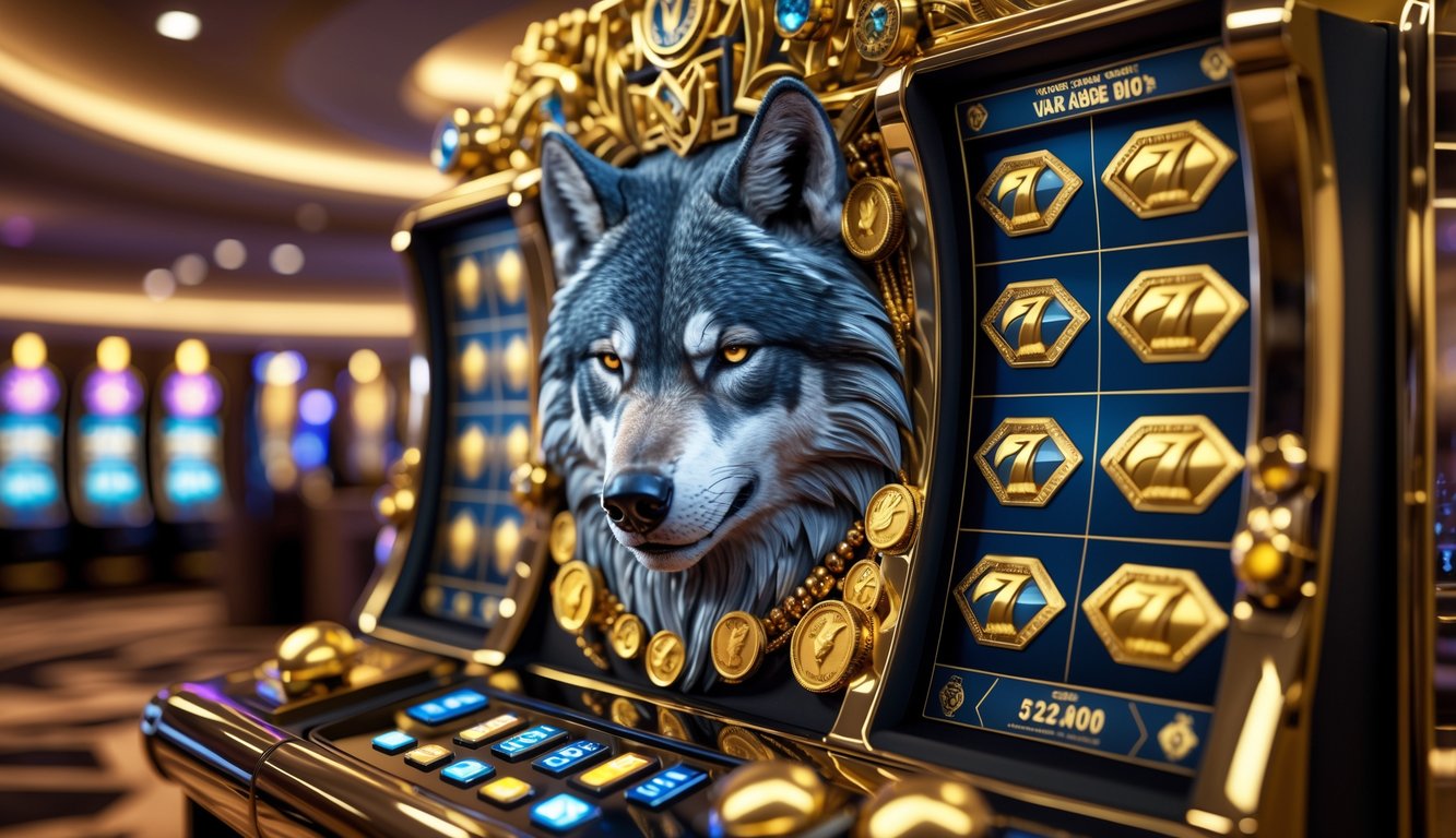 Mesin slot kasino dengan tema serigala dan emas dalam suasana kasino yang mewah.