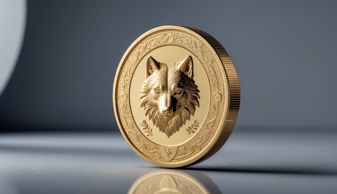 Koin emas Polanya Wolf Gold dengan motif serigala terlihat jelas di atas permukaan reflektif tanpa teks.