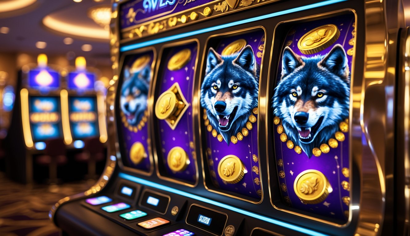 Mesin slot kasino dengan simbol serigala dan koin emas yang berputar di dalam ruangan kasino mewah.