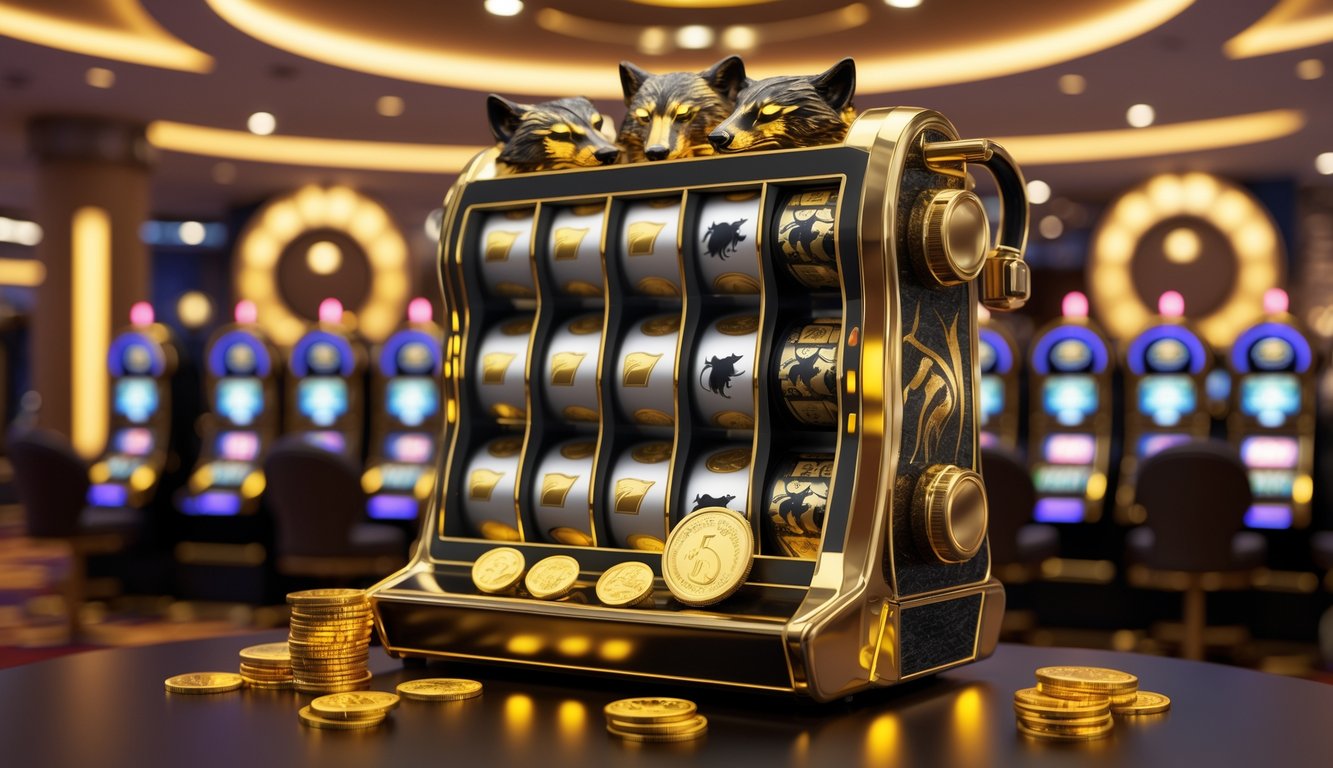 Mesin slot bertema emas dan serigala di dalam kasino dengan koin emas di sekitarnya.