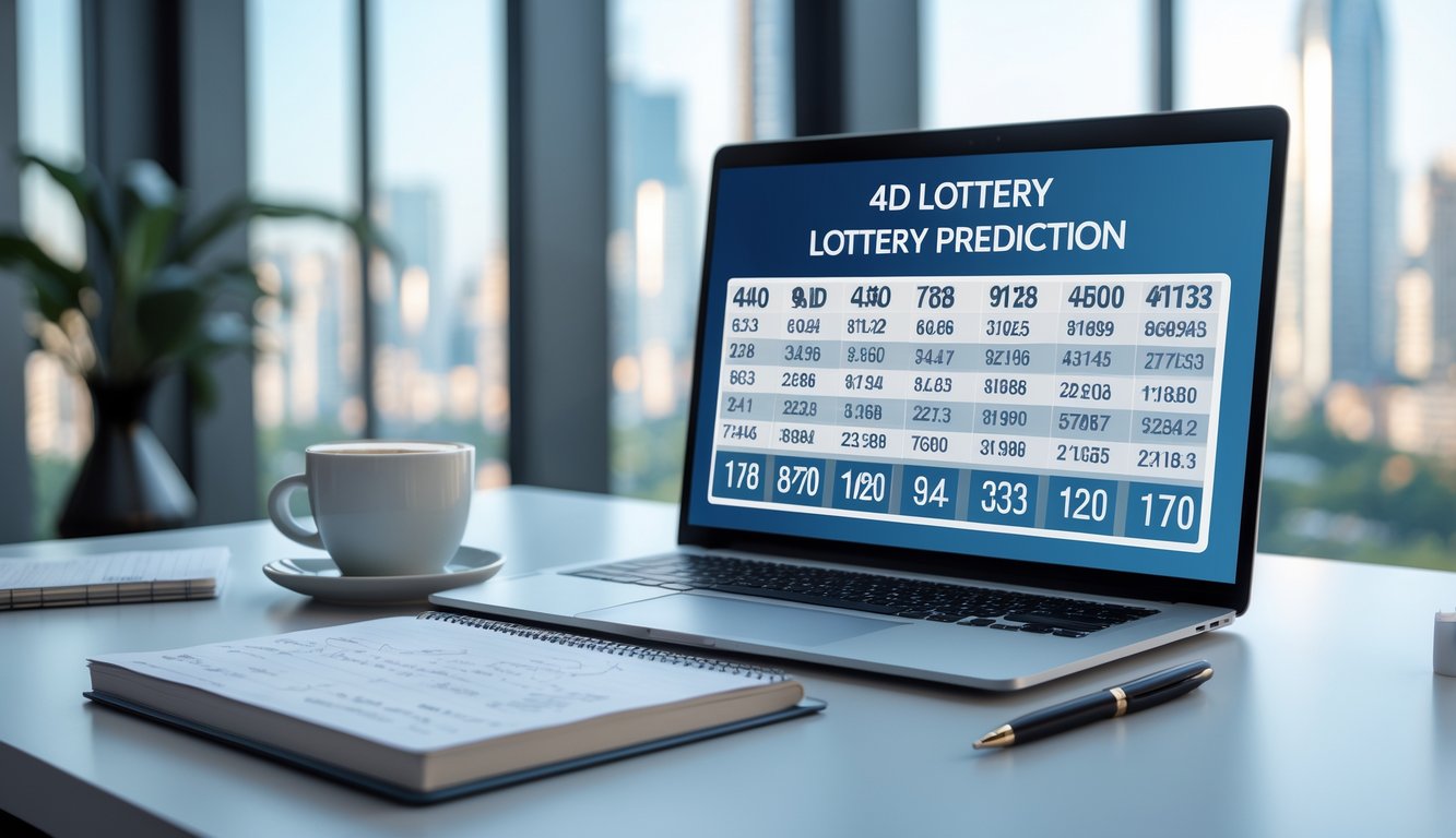 Meja kerja modern dengan laptop menampilkan grafik prediksi lotere 4D, cangkir kopi, dan buku catatan di ruangan dengan jendela besar dan pemandangan kota.
