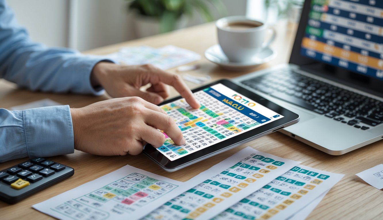 Seseorang sedang menganalisis tiket lotere dan angka di meja kerja dengan alat tulis dan perangkat elektronik.