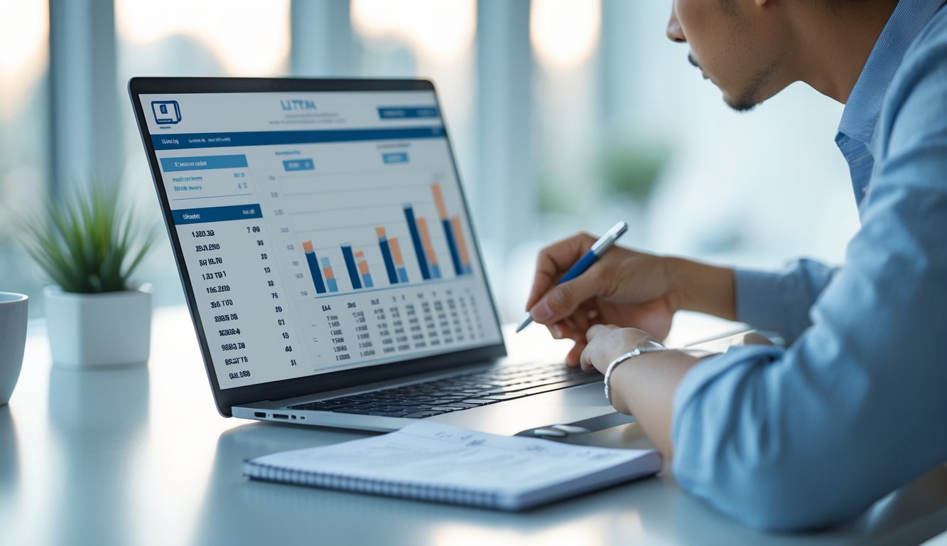 Seseorang sedang menganalisis hasil lotere di depan laptop dengan suasana kantor yang terang dan rapi.