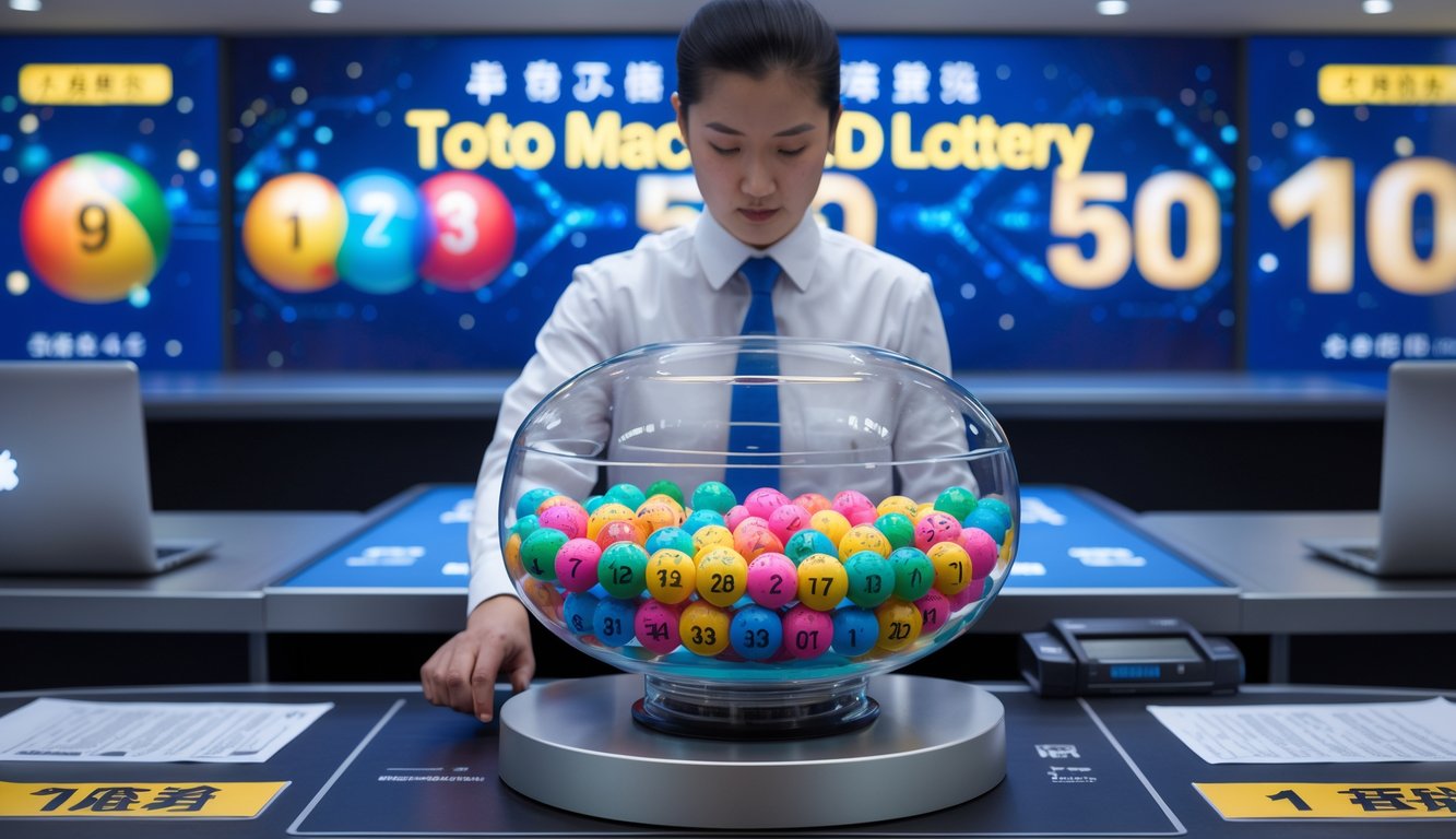 Seorang teknisi sedang mengoperasikan mesin undian bola transparan dengan bola bernomor berwarna di ruang undian yang terang dan modern.