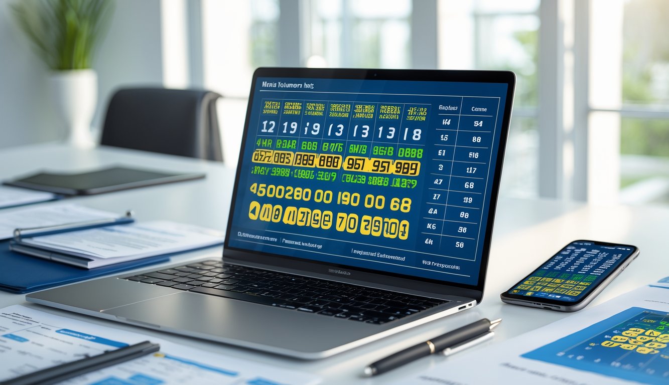 Sebuah ruang kerja modern dengan laptop yang menampilkan data angka dan grafik, dikelilingi dokumen dan ponsel di atas meja, dengan pencahayaan alami di kantor yang rapi.