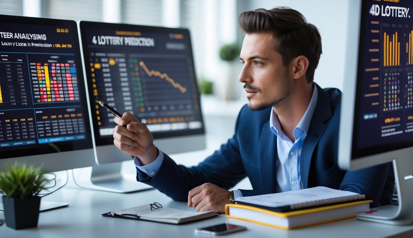 Seorang pria fokus menganalisis data prediksi lotere 4D di kantor modern dengan beberapa layar komputer.