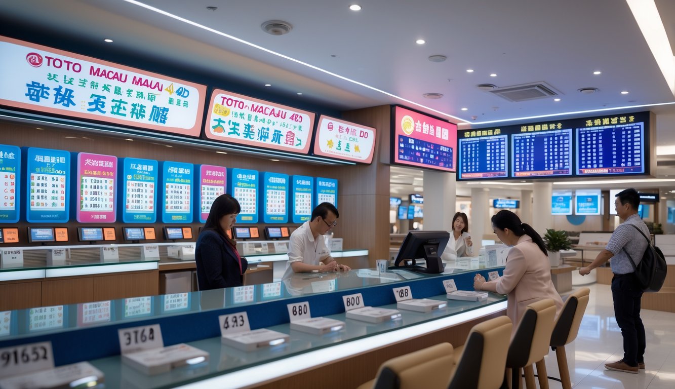 Orang-orang sedang memilih dan memeriksa nomor lotere di konter tiket dengan latar belakang kota dan suasana yang terang dan rapi.
