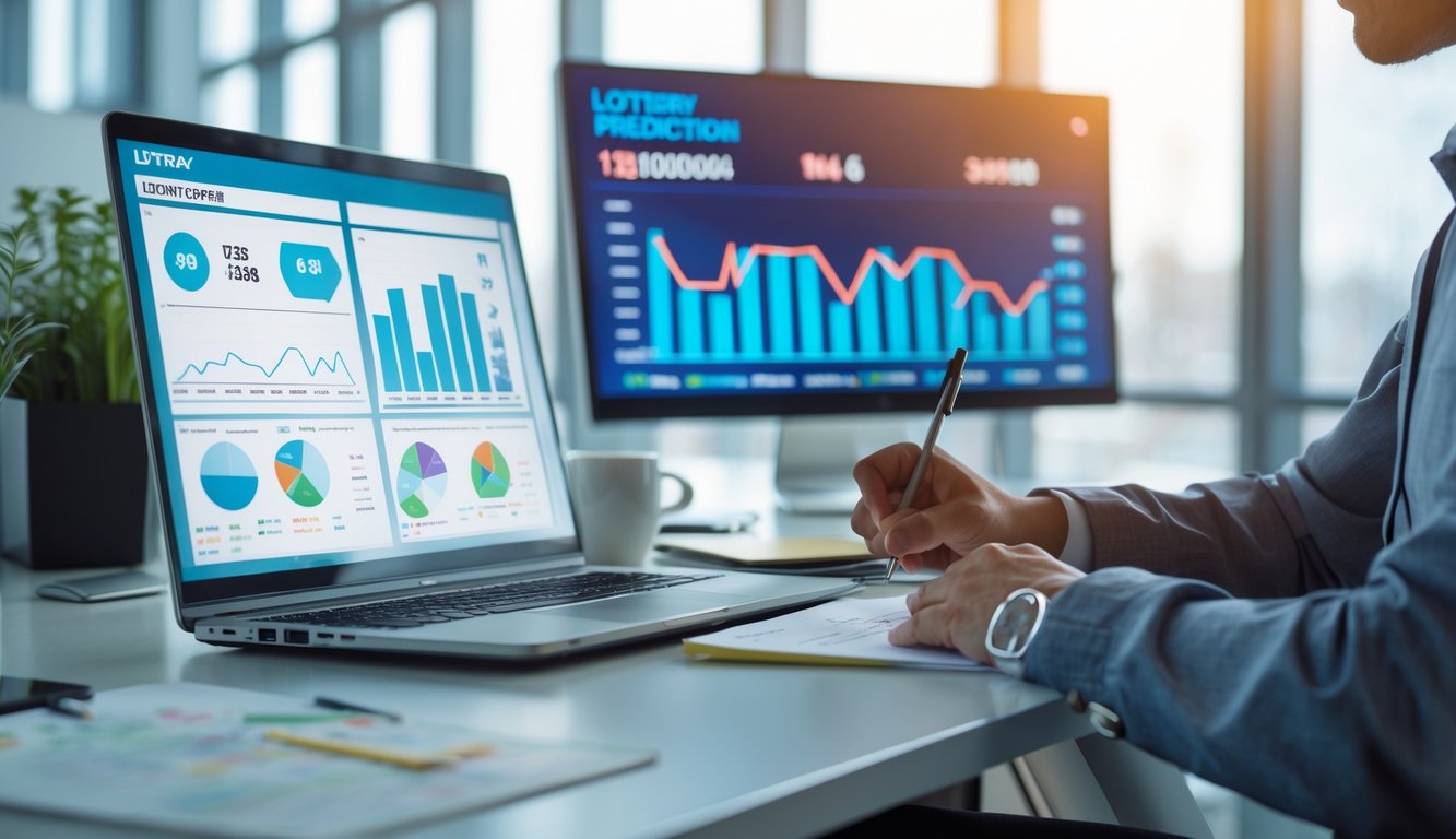 Seseorang sedang menganalisis data lotere di meja kantor dengan laptop dan layar digital di latar belakang.