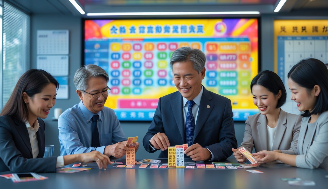 Orang-orang sedang memeriksa tiket lotre di sebuah kantor modern dengan papan digital menampilkan angka lotre berwarna-warni.