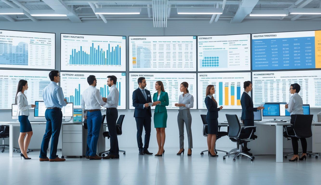 Sejumlah profesional sedang bekerja di kantor modern dengan layar besar menampilkan data angka dan grafik.