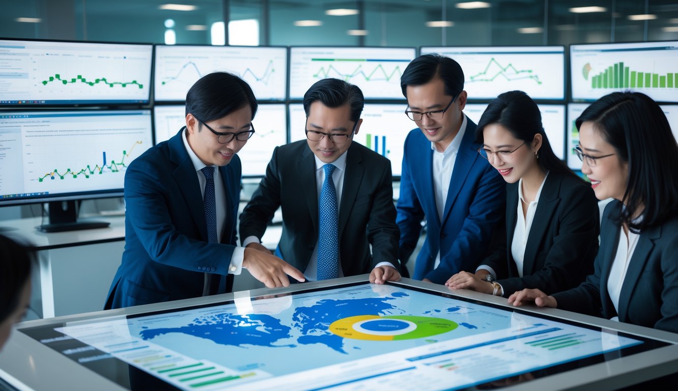 Sekelompok profesional Asia bekerja sama di kantor modern dengan layar digital menampilkan grafik dan peta terkait Taiwan.