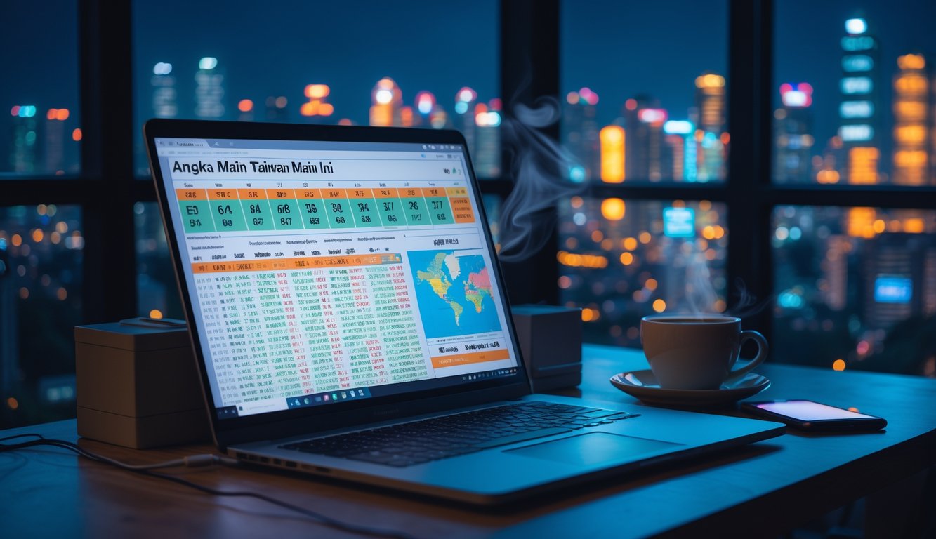 Meja kerja malam hari dengan laptop menampilkan data angka, cangkir kopi, dan pemandangan kota Taiwan yang terang di luar jendela.