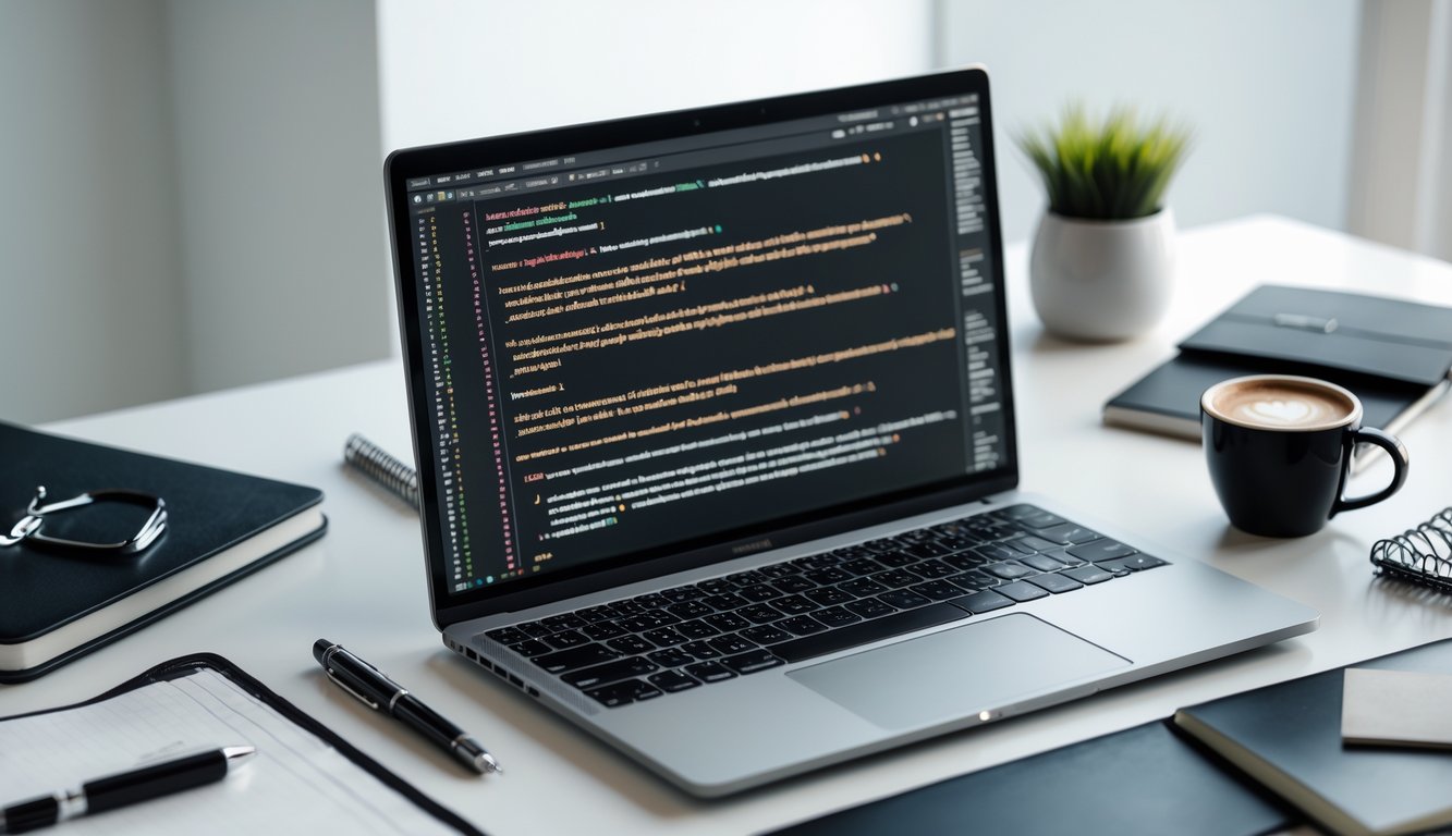 Sebuah ruang kerja modern dengan laptop yang menampilkan kode dan teks puisi, dikelilingi oleh buku catatan, pena, dan secangkir kopi di atas meja.