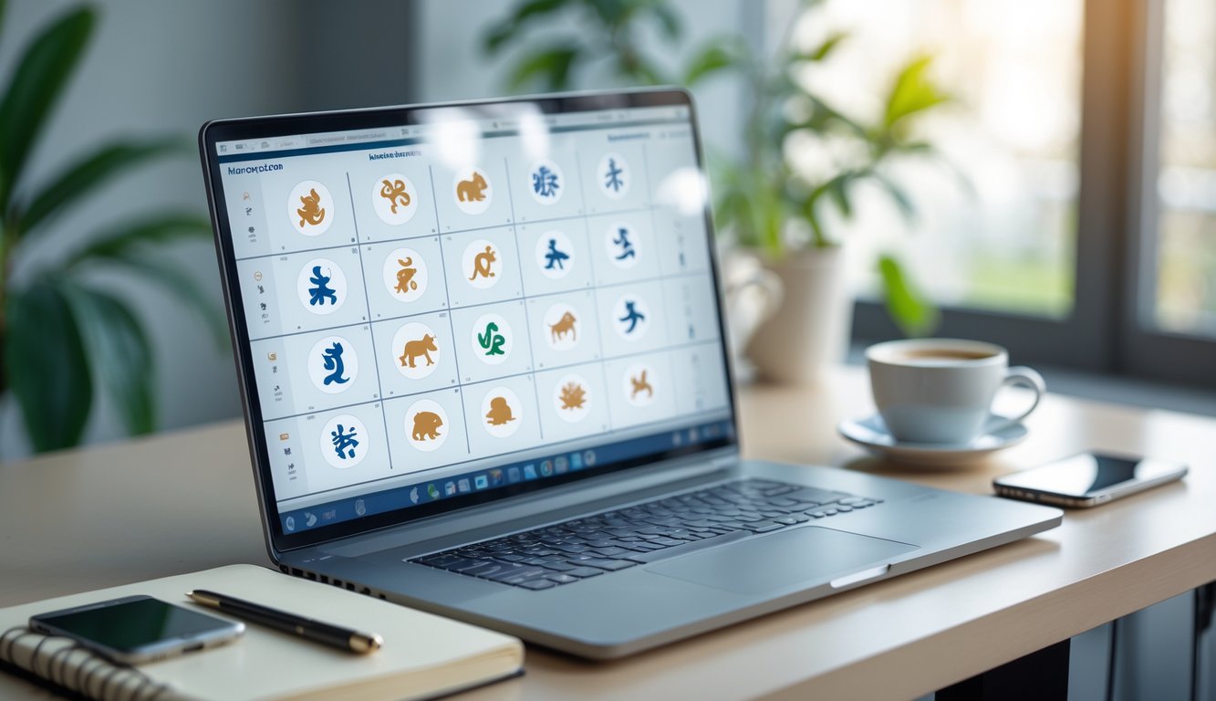 Meja kantor dengan laptop menampilkan grafik dan ikon shio Taiwan, dilengkapi kopi, buku catatan, dan ponsel di sekitarnya.