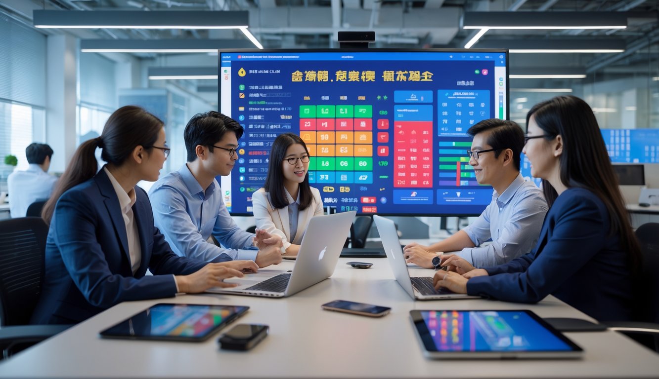 Sekelompok profesional muda Asia sedang berdiskusi di kantor modern dengan layar komputer yang menampilkan data angka lotere.