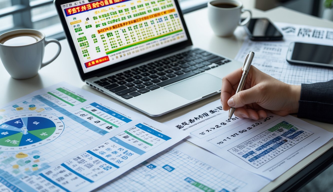 Meja kantor dengan laptop menampilkan grafik dan data angka togel, tangan seseorang menunjuk angka di kertas, suasana kerja analisis yang fokus.