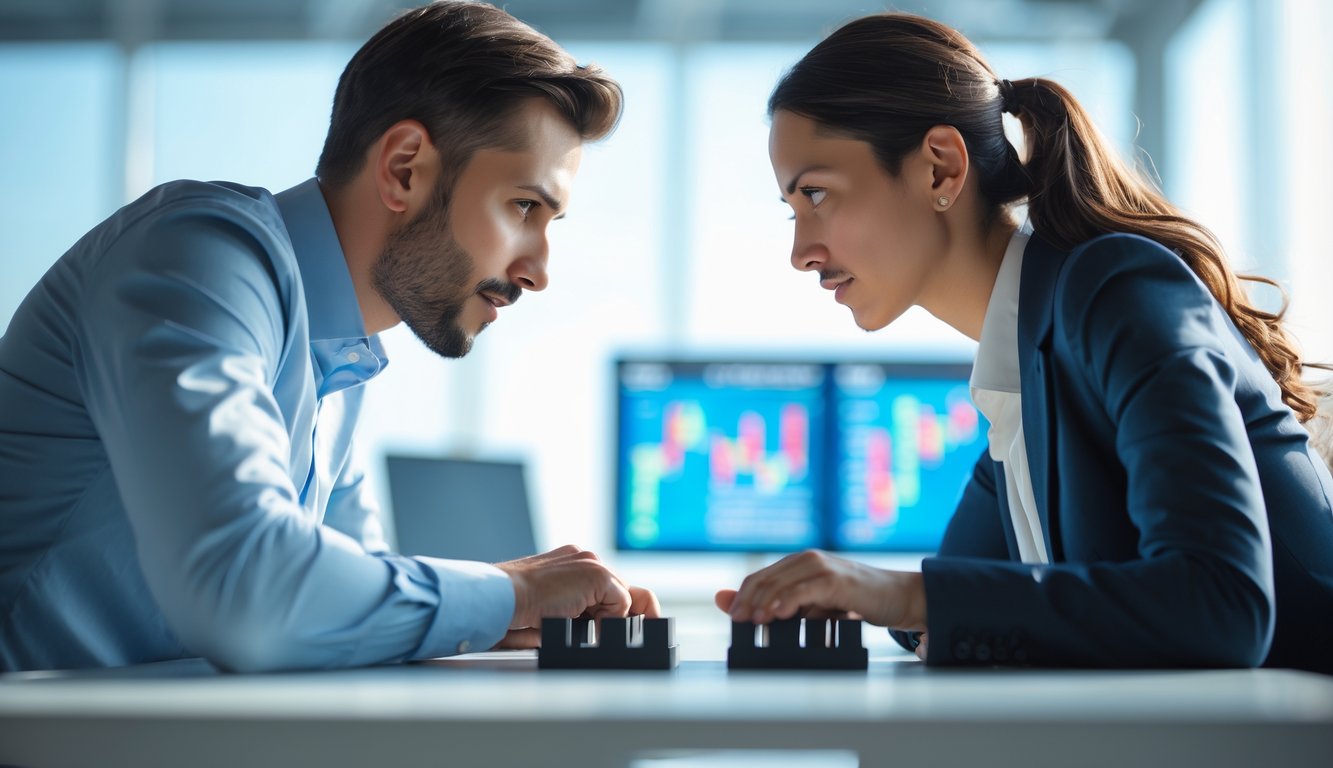 Dua orang sedang berhadapan dan fokus dalam sebuah kompetisi di meja modern di dalam ruangan kantor.