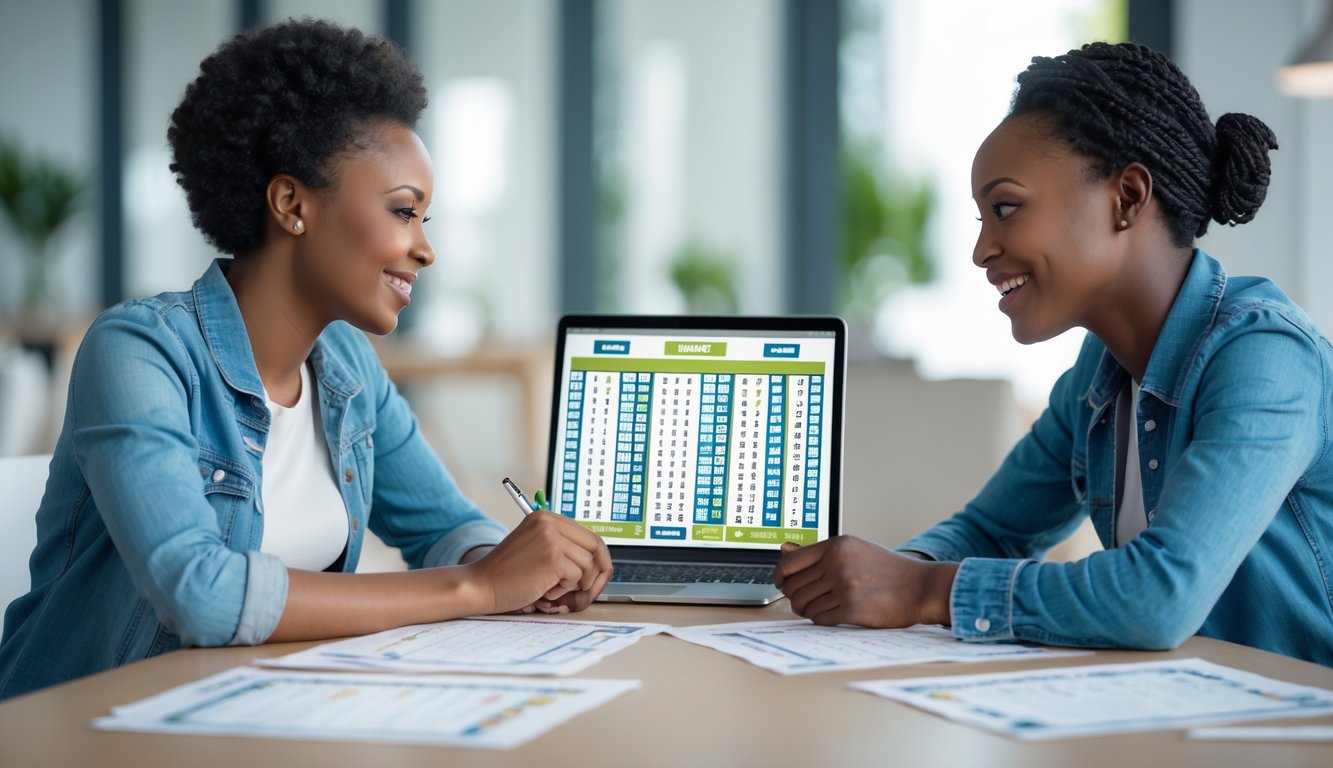 Dua orang sedang bersaing secara langsung dengan fokus dan senyum di meja dengan laptop dan kertas di lingkungan kantor.