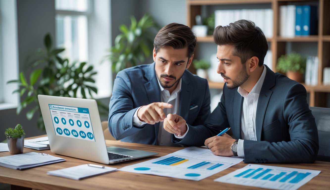 Dua orang sedang berdiskusi serius di kantor dengan laptop dan catatan di atas meja.