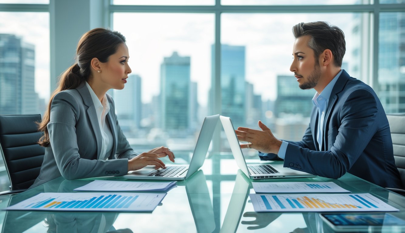 Dua profesional bisnis duduk berhadapan di meja modern dengan laptop dan dokumen, berdiskusi serius di kantor dengan pemandangan kota di latar belakang.