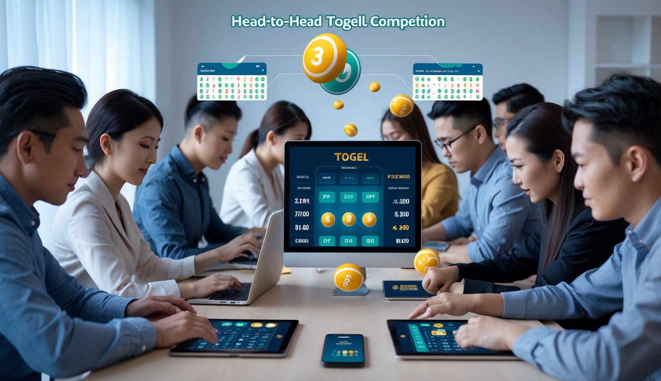 Beberapa orang menggunakan perangkat digital untuk bermain togel head to head secara online dalam suasana ruangan modern.