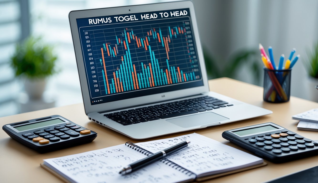 Meja kerja dengan laptop, kalkulator, dan buku catatan berisi angka dan rumus.