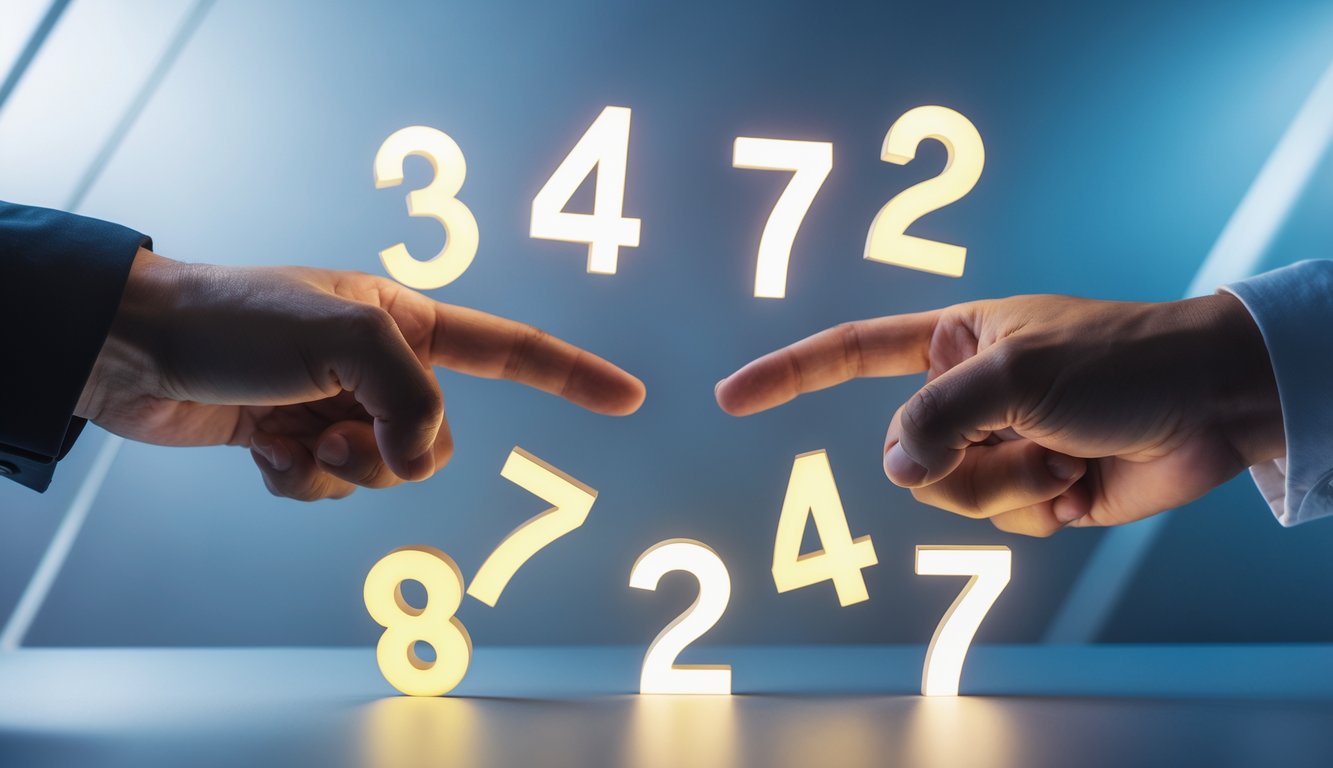 Dua tangan saling berhadapan dengan angka-angka bercahaya di antara mereka, menggambarkan konsep persaingan angka hoki togel.