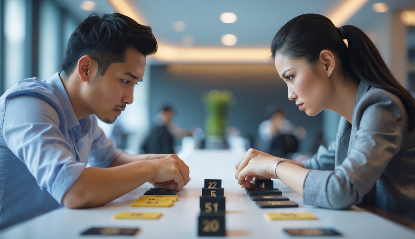 Dua orang sedang serius bermain permainan angka secara berhadapan di sebuah meja dalam ruangan yang terang.