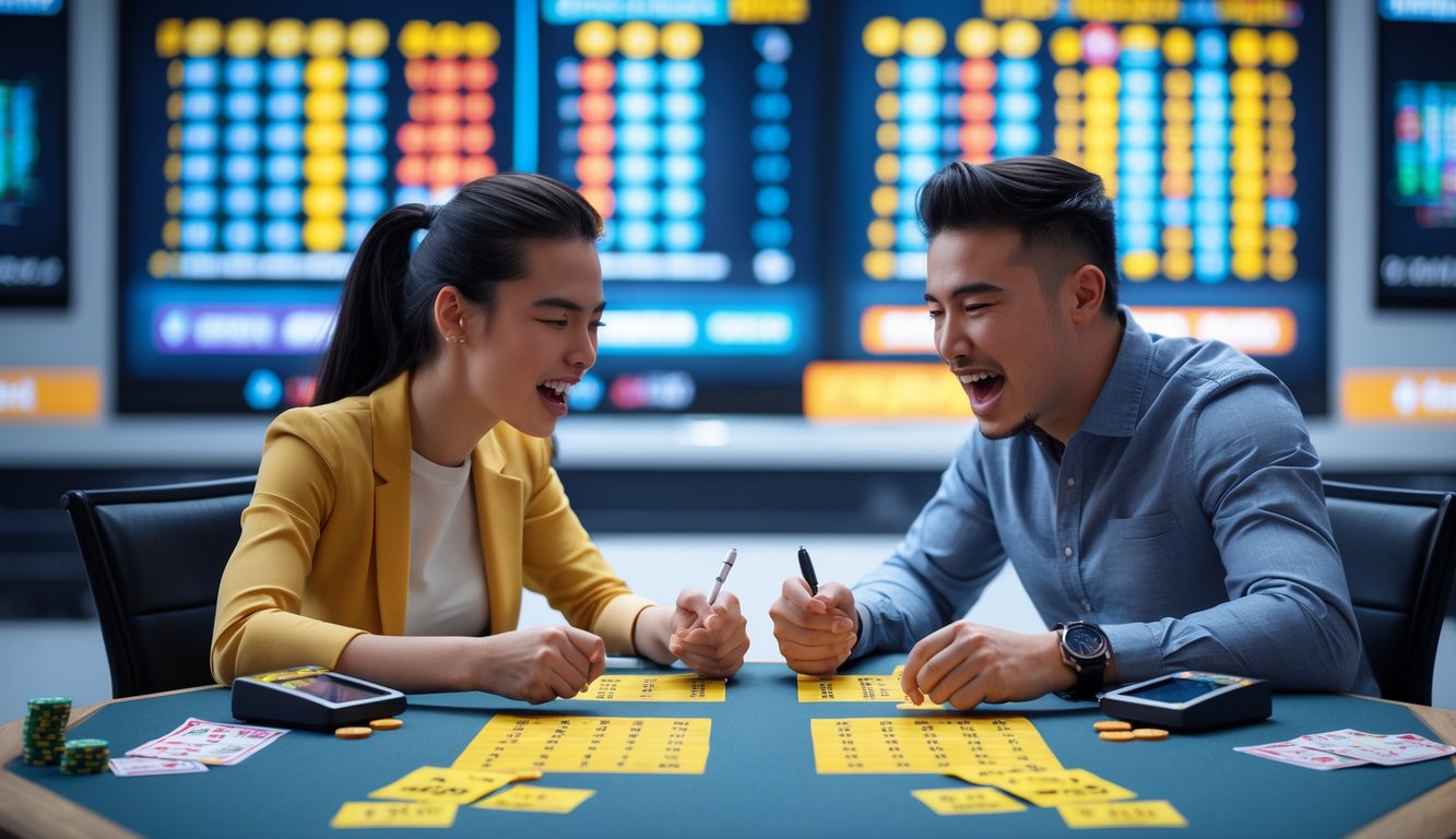 Dua orang duduk berhadapan di meja permainan dengan ekspresi fokus dan antusias, bermain permainan togel head to head populer.