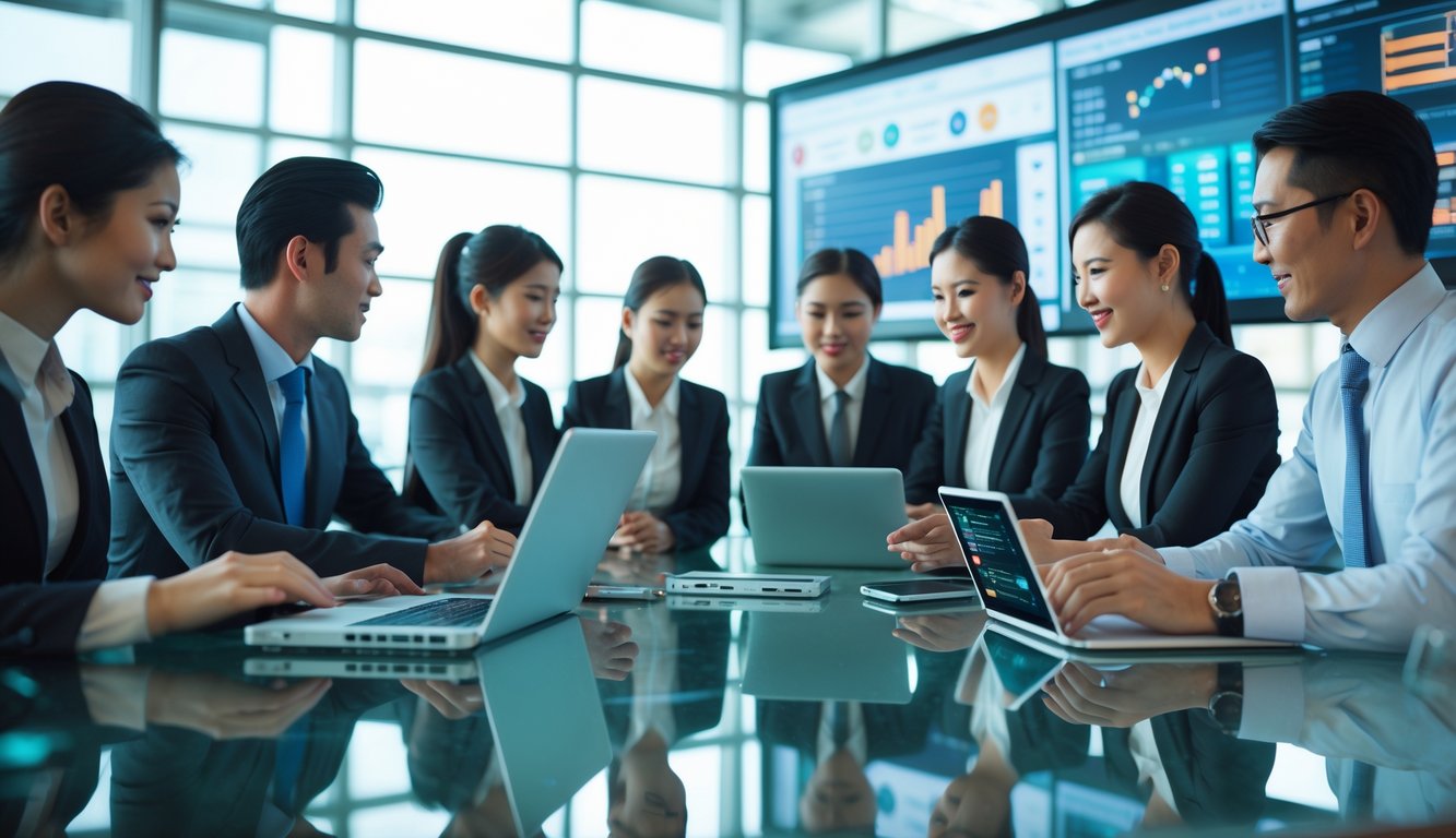 Sekelompok profesional Asia sedang berdiskusi di ruang kantor modern dengan perangkat digital di atas meja.