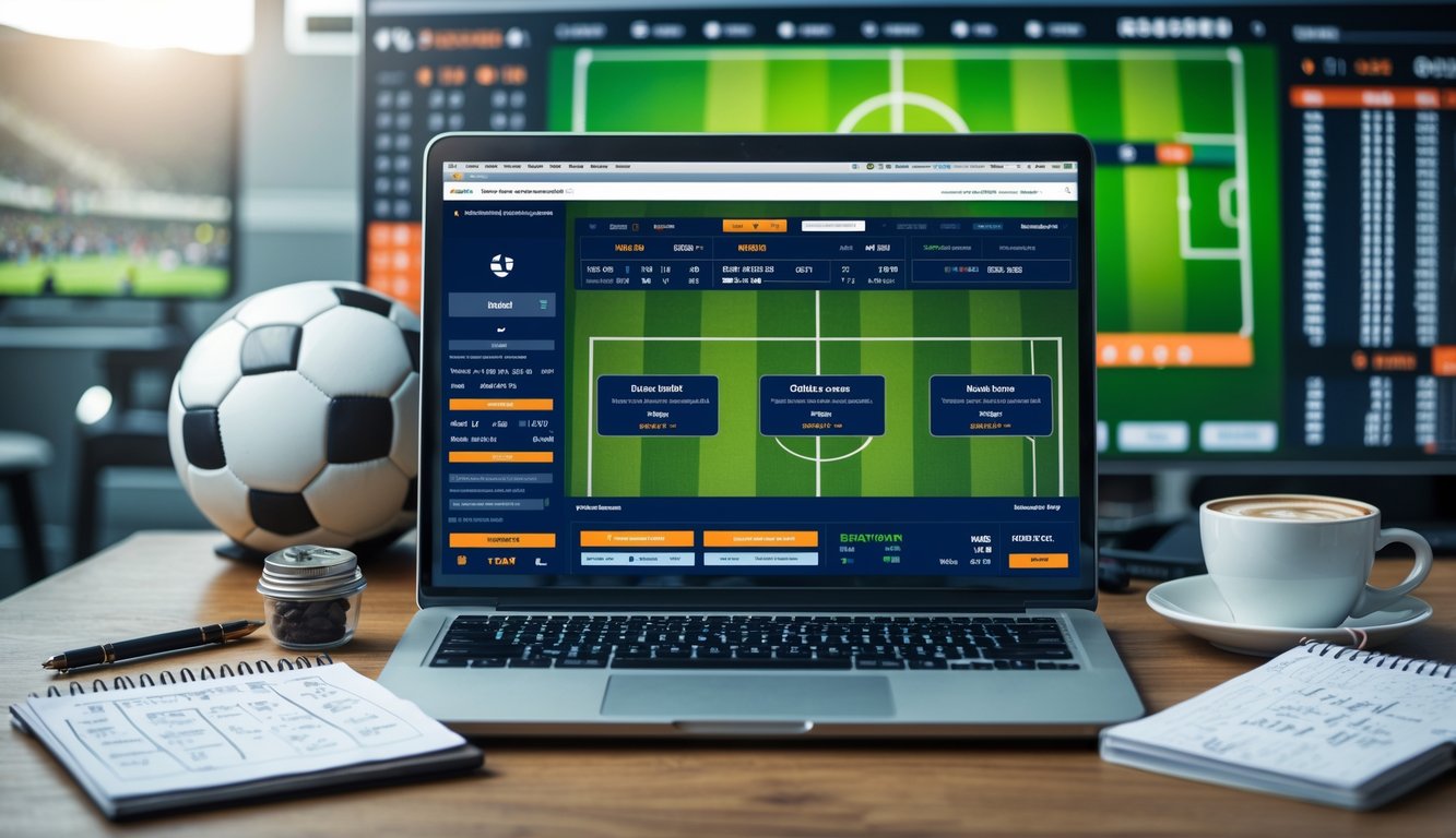 Sebuah meja kerja dengan laptop yang menampilkan situs taruhan olahraga, bola sepak, dan catatan di sekitar laptop.