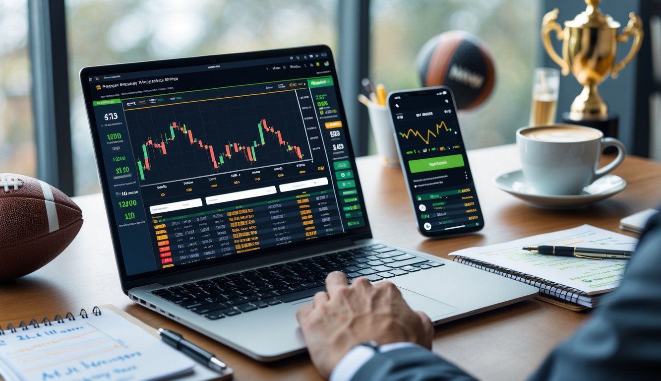 Seorang pria duduk di depan laptop dengan catatan dan ponsel di meja, menampilkan situs taruhan olahraga dan statistik.