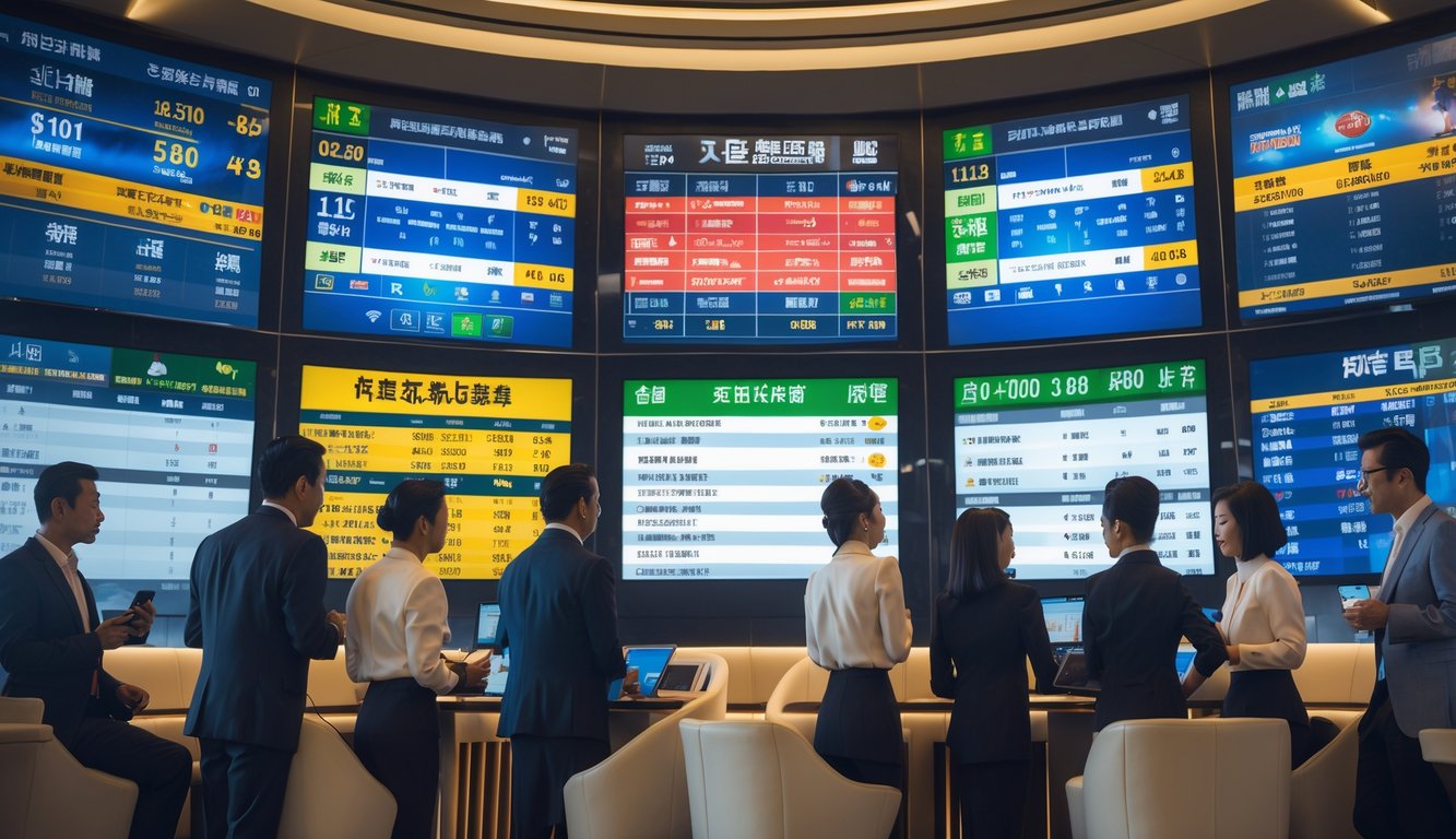 Sekelompok orang Asia yang berpakaian rapi sedang melihat layar besar dengan informasi taruhan olahraga di sebuah ruang taruhan modern.