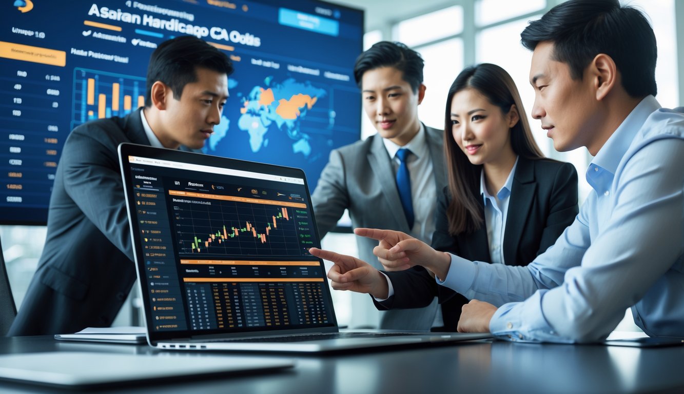 Orang-orang di kantor modern sedang berdiskusi dengan laptop dan ponsel yang menampilkan grafik dan statistik taruhan olahraga Asia.