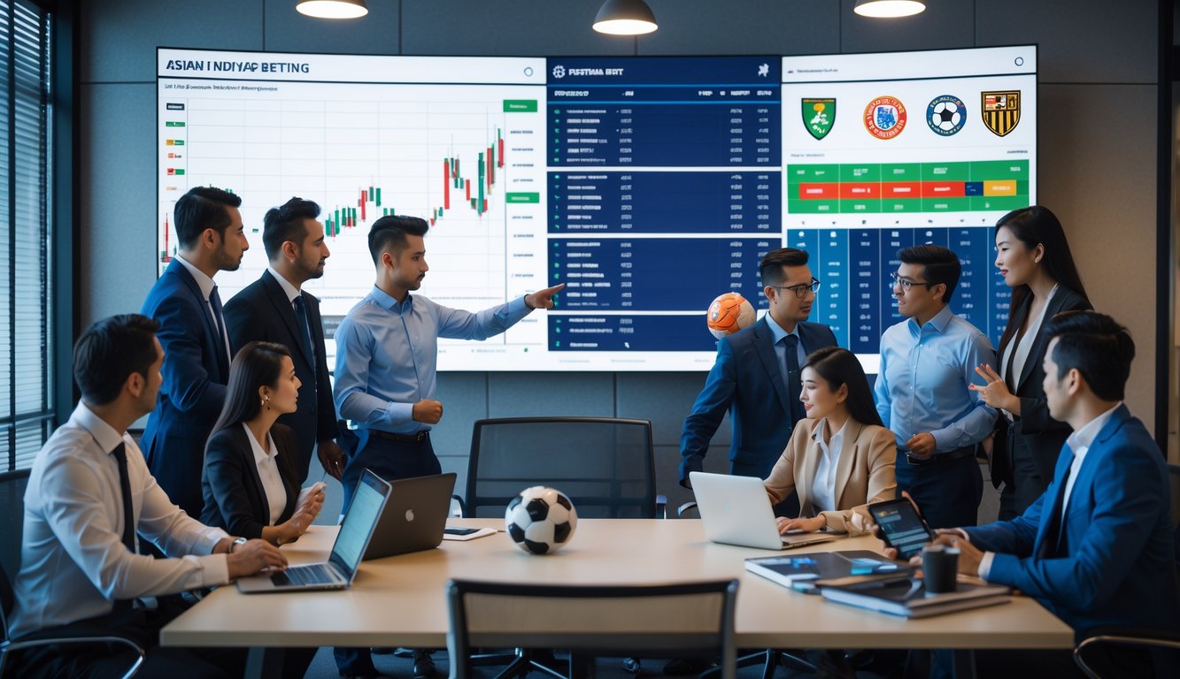 Sekelompok profesional sedang menganalisis data taruhan handicap Asia di ruang kantor modern.