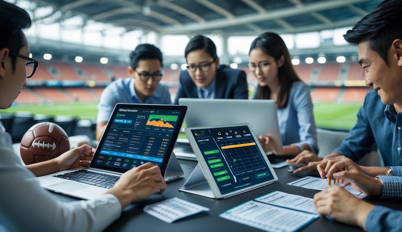 Sekelompok orang sedang menggunakan perangkat digital untuk menganalisis data taruhan olahraga dengan latar stadion sepak bola.