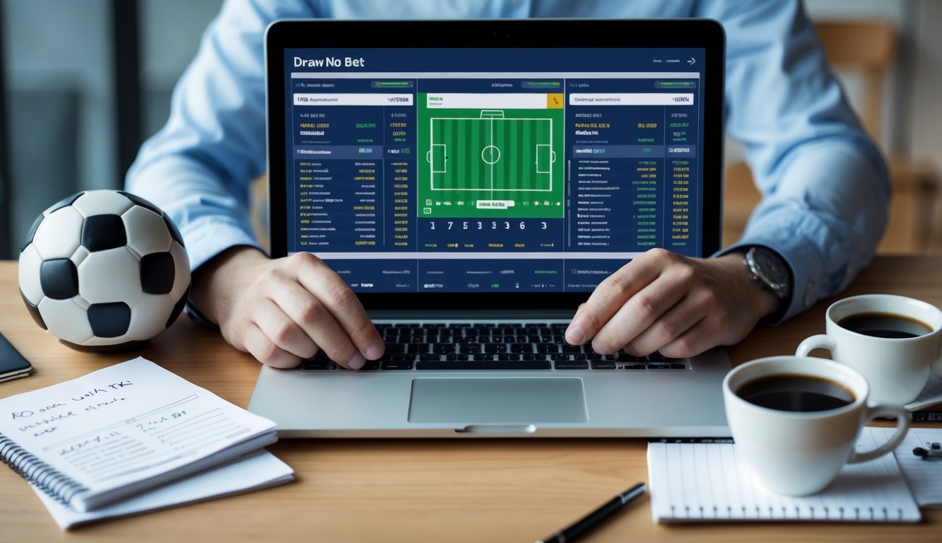 Seseorang sedang menganalisis data pertandingan sepak bola di depan laptop dengan bola sepak bola dan catatan di atas meja.