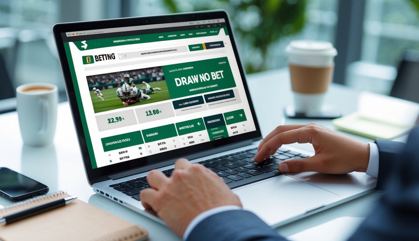 Seseorang menggunakan laptop di meja kerja dengan tampilan situs taruhan olahraga online di layar.