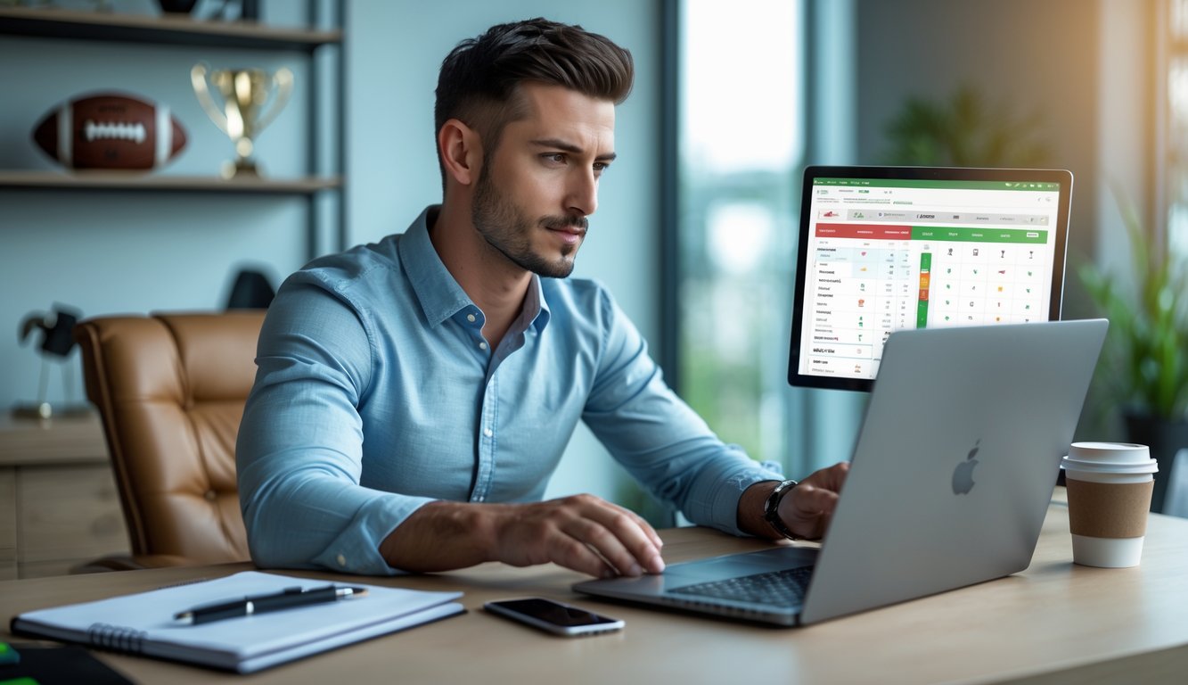 Seorang pria duduk di meja dengan laptop dan alat tulis, sedang menganalisis data taruhan sepak bola.