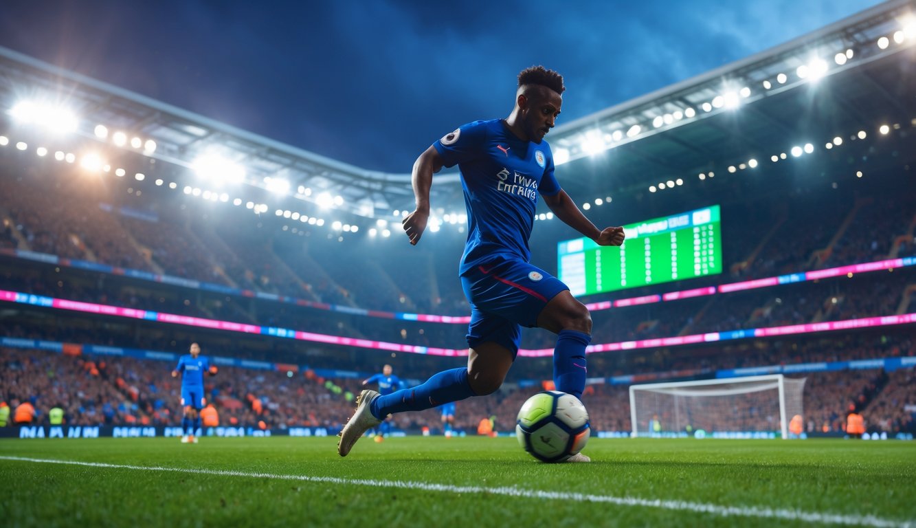 Pemain sepak bola sedang mengontrol bola di stadion Liga Inggris yang penuh penonton dengan suasana pertandingan yang semangat.